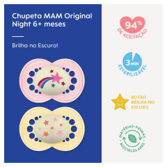 CHUPETA MAM ORIGINAL NIGHT 6+ MESES - EMBALAGEM DUPLA ROSA