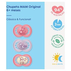 CHUPETA MAM ORIGINAL 6+ MESES - EMBALAGEM BLISTER TRIPLA ROSA